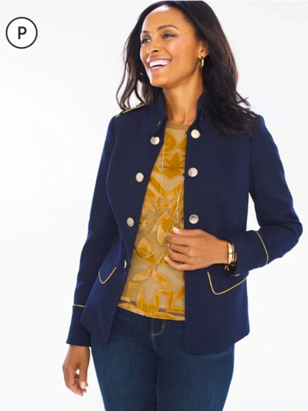 Chico's Military Style Navy Blazer with Gold Trim
